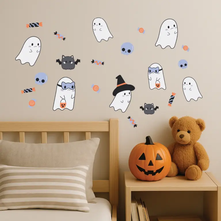Ghosts wall stickers placed above a bed