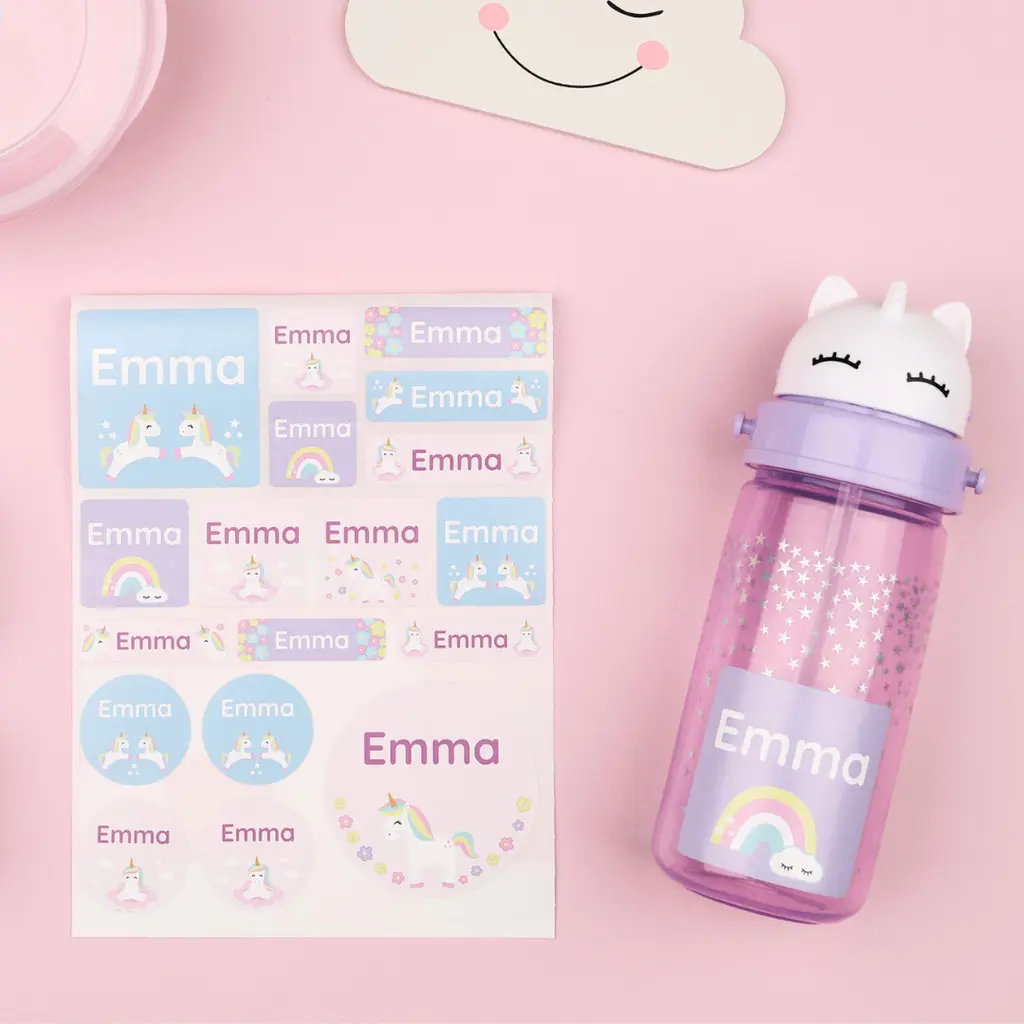Personalised large labels with the name emma and a unicorn design