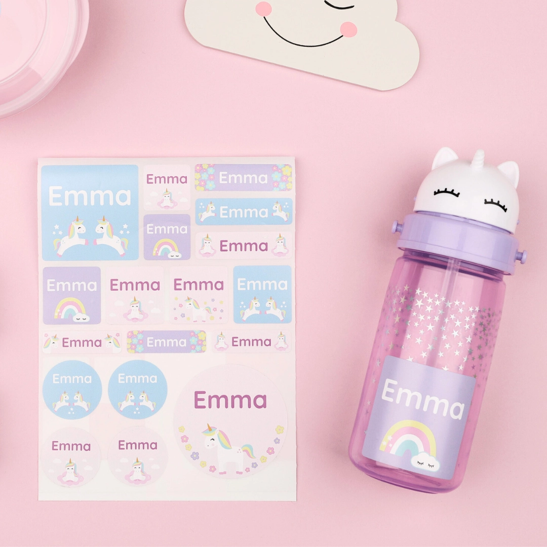Large name labels featuring a unicorn design on a pink water bottle