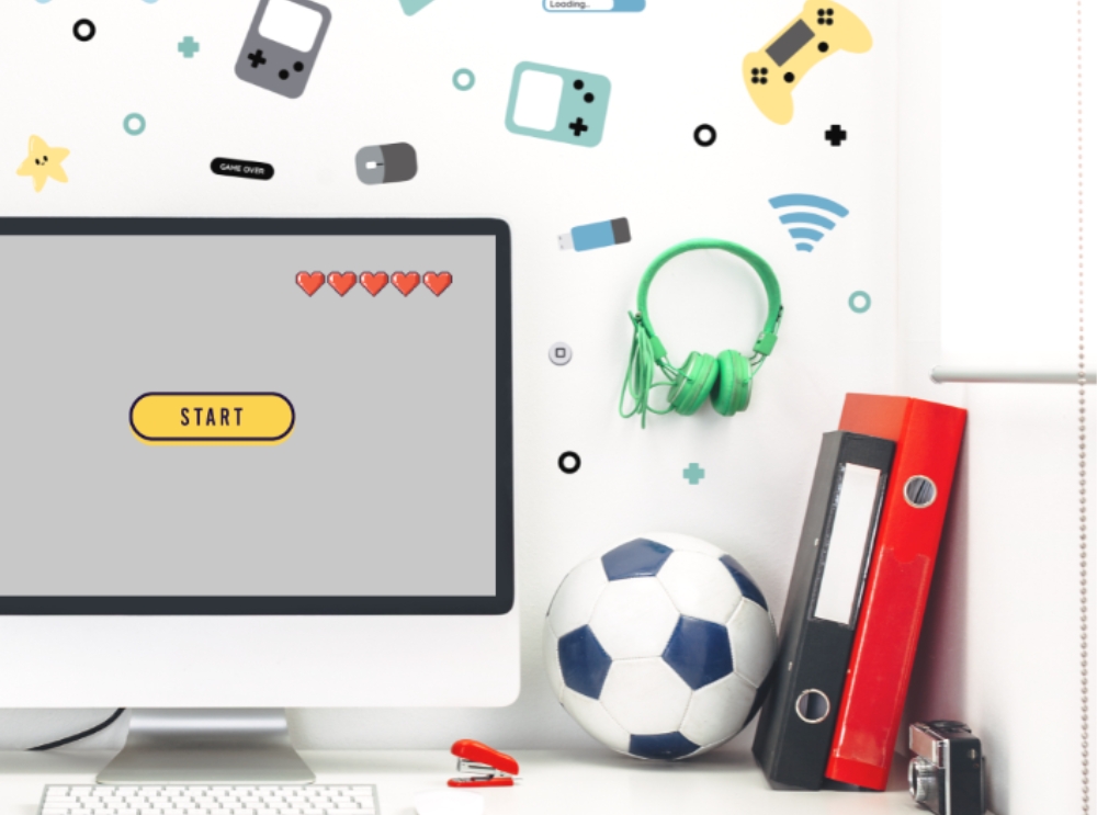 Gaming wall stickers with controllers and tech icons