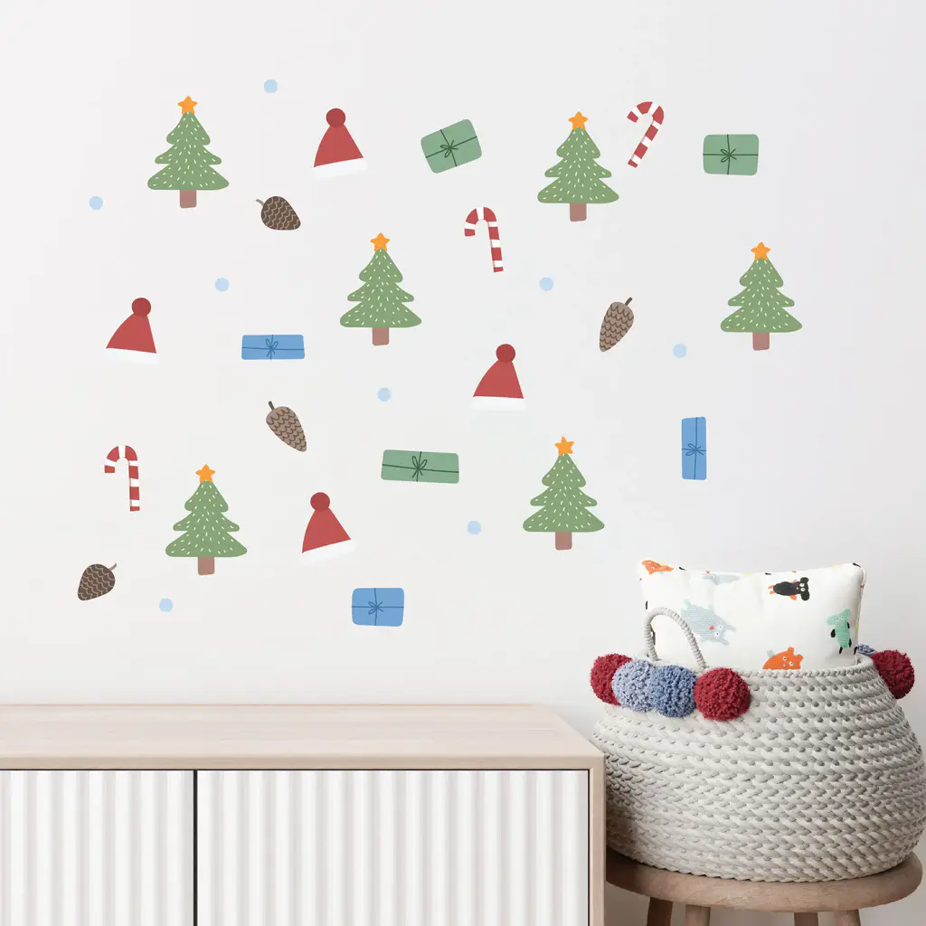 Christmas wall stickers with trees, gifts, and santa hats
