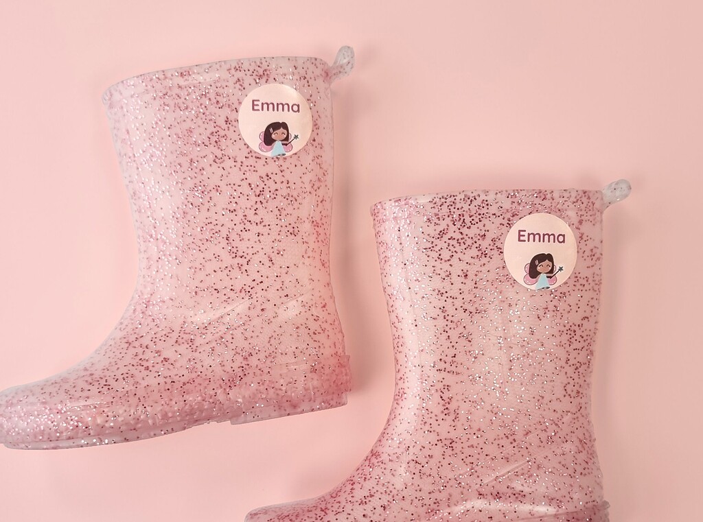 Keeping kids safe every day: the benefits of name labels for kids 1 Glittery pink rain boots with personalised name labels