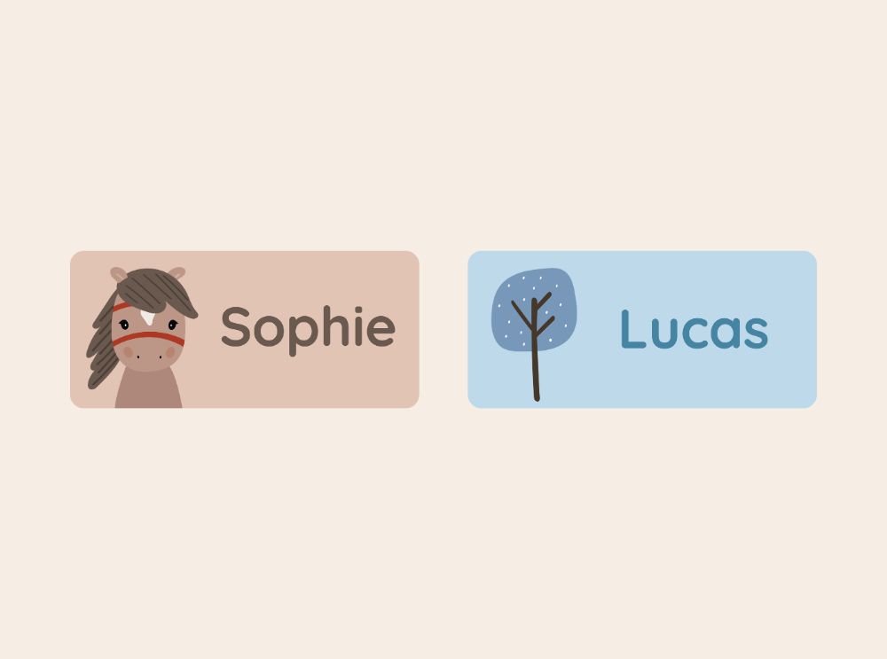 How to help kids recognise their own things 1 Two personalised name labels, one with a horse design and the name sophie, and one with a tree design and the name lucas