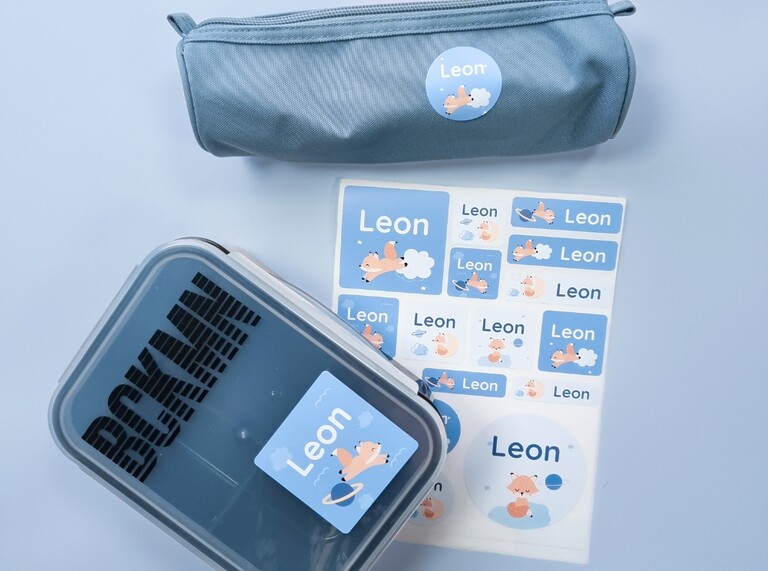 Personalized name labels with a fox design for kids' items