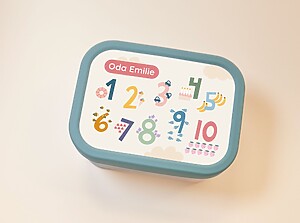 large green lunchbox with name and numbers