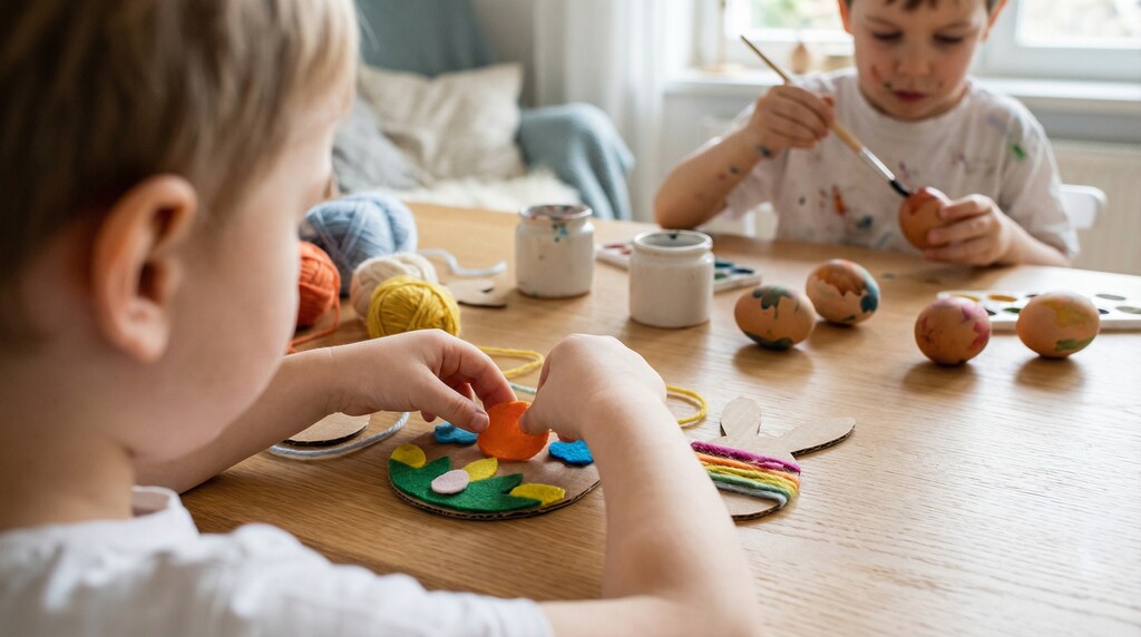 Children crafting easter decorations at a table
