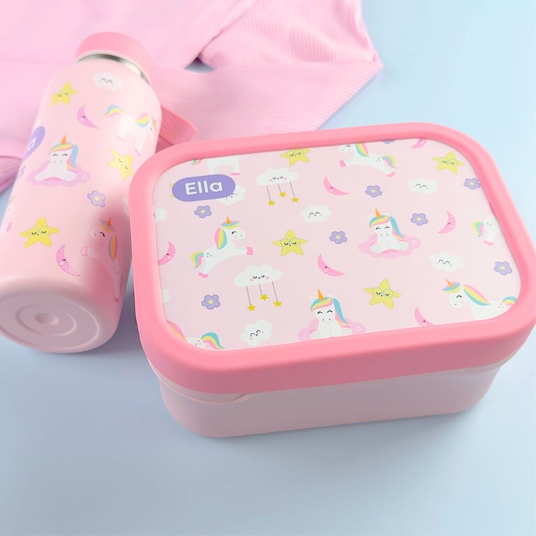 pink lunchbox and drinking bottle with unicorn