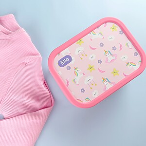 pink unicorn lunchbox with many unicorns