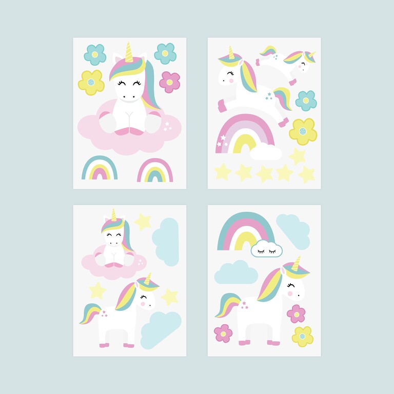 Glow-in-the-dark unicorn wall stickers on four sheets