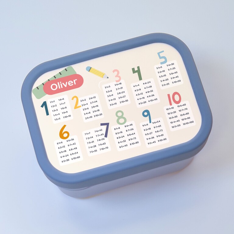 blue lunchbox with times tables