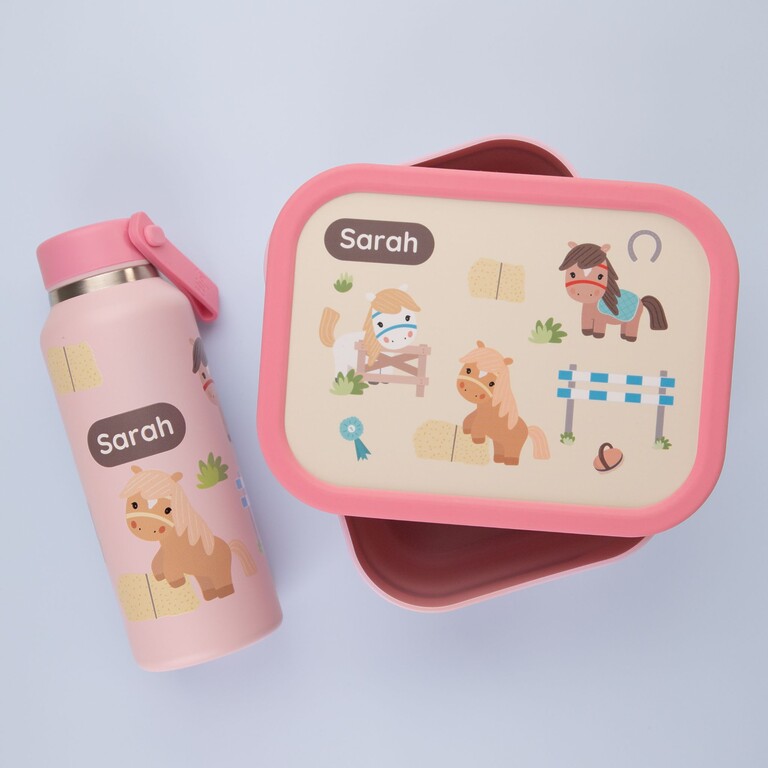 pink lunchbox and drinking bottle with horses