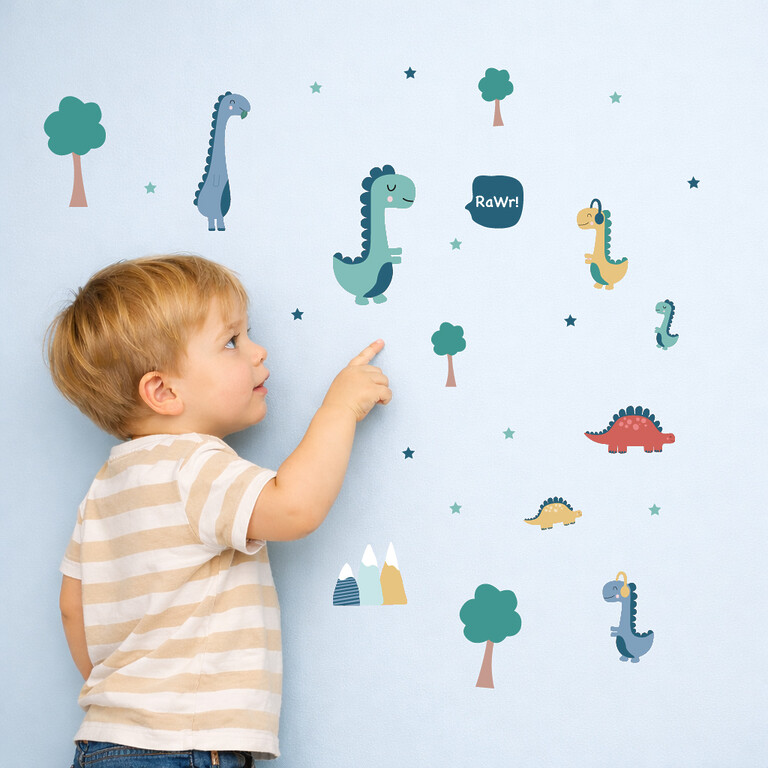 dinosaur wall stickers on a kids' room wall