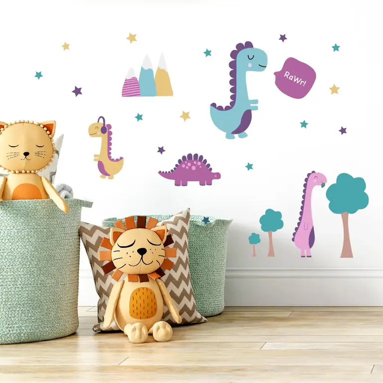 Pink dinosaur wall stickers in a kids' room