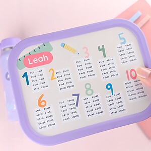 Purple lunchbox with name and times tables