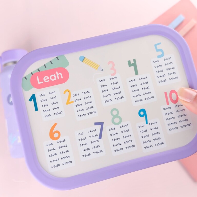Purple lunchbox with name and times tables