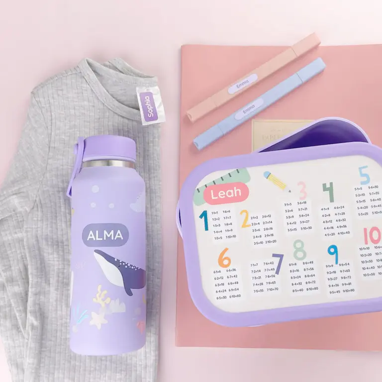 Large school pack with name labels, lunchbox and drinking bottle