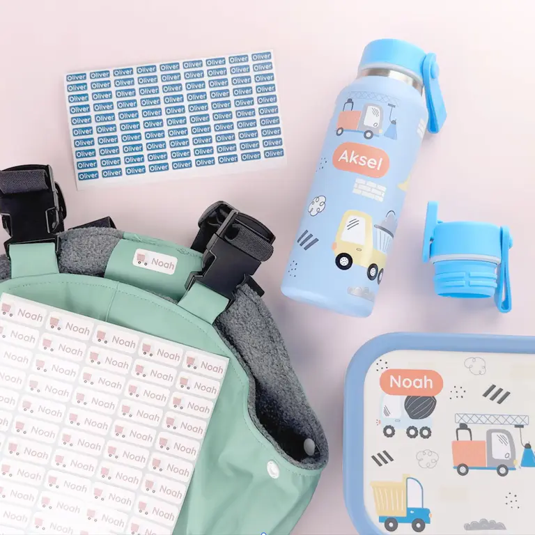 Large nursery pack with name labels, lunchbox and drinking bottle