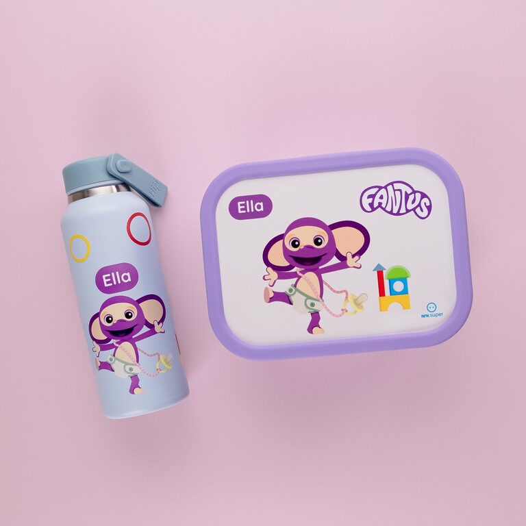Purple lunchbox and drinking bottle with Fantus design