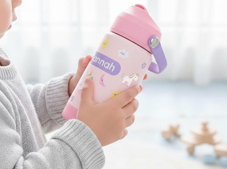 Lunchbox and drinking bottle for kids – a child holding a pink drinking bottle with name and unicorn design.
