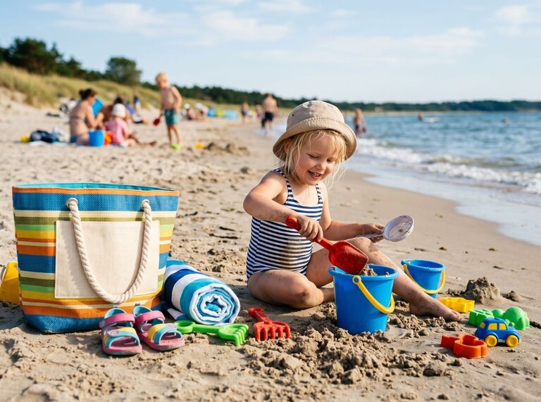 Child playing with a bucket and spade on the beach