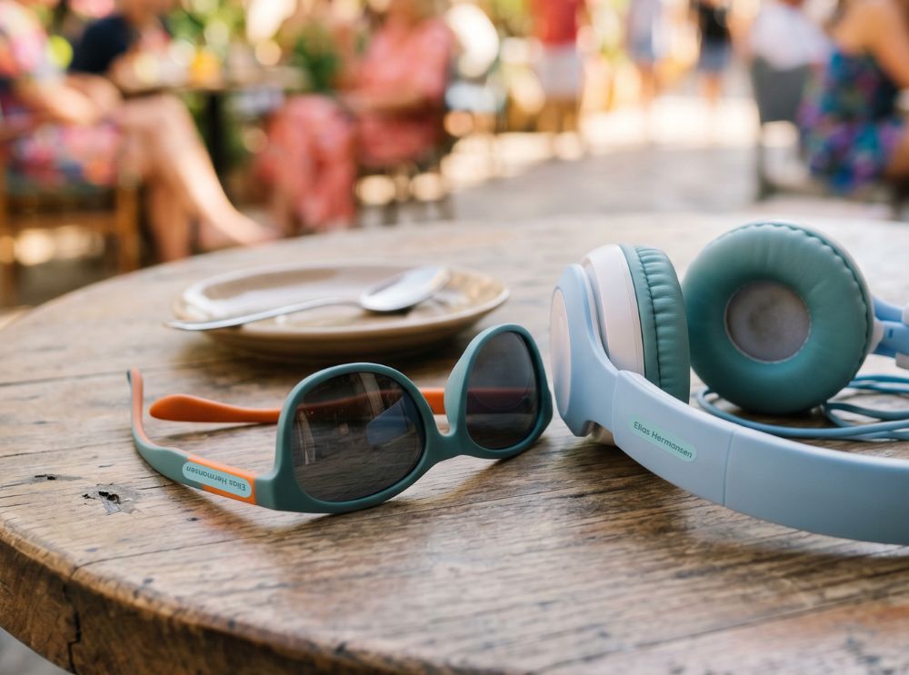 Travelling with kids: 5 simple tips for a stress-free summer 2 Sunglasses and headphones with name labels on a wooden table