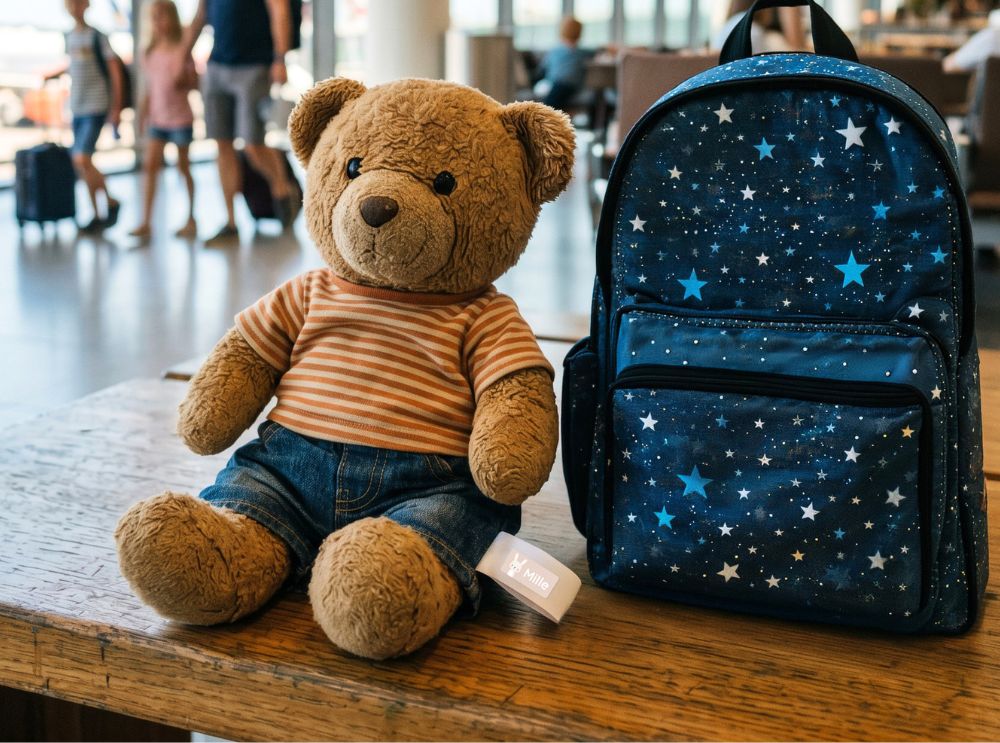 Travelling with kids: 5 simple tips for a stress-free summer 3 Teddy bear and backpack with personalised name labels on a table