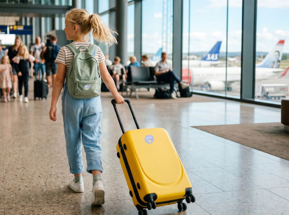 Travelling with kids: 5 simple tips for a stress-free summer 4 Child with backpack and suitcase with personalised name labels at an airport