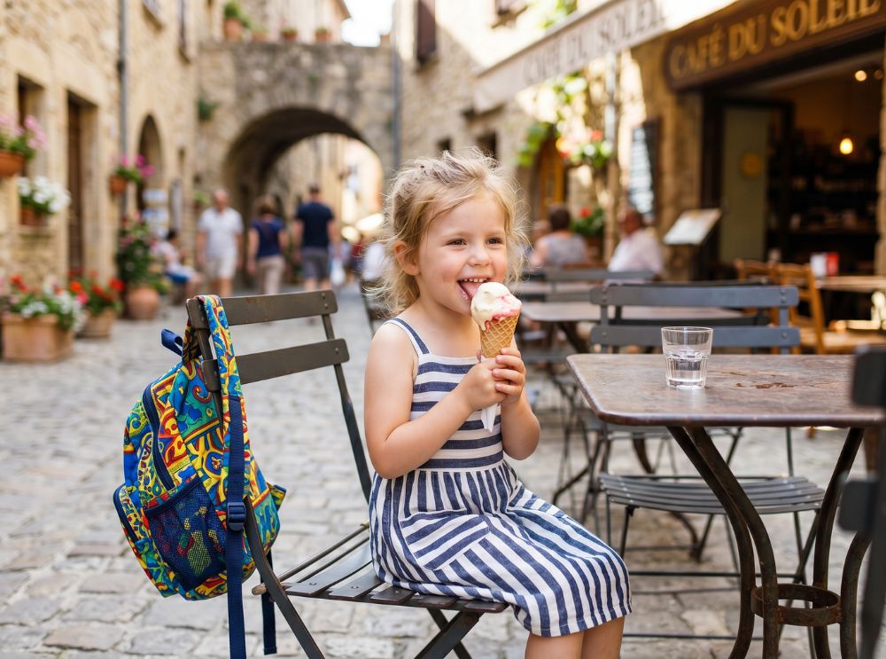 Travelling with kids: 5 simple tips for a stress-free summer 5 Child eating an ice cream at an outdoor café with a backpack hanging on a chair