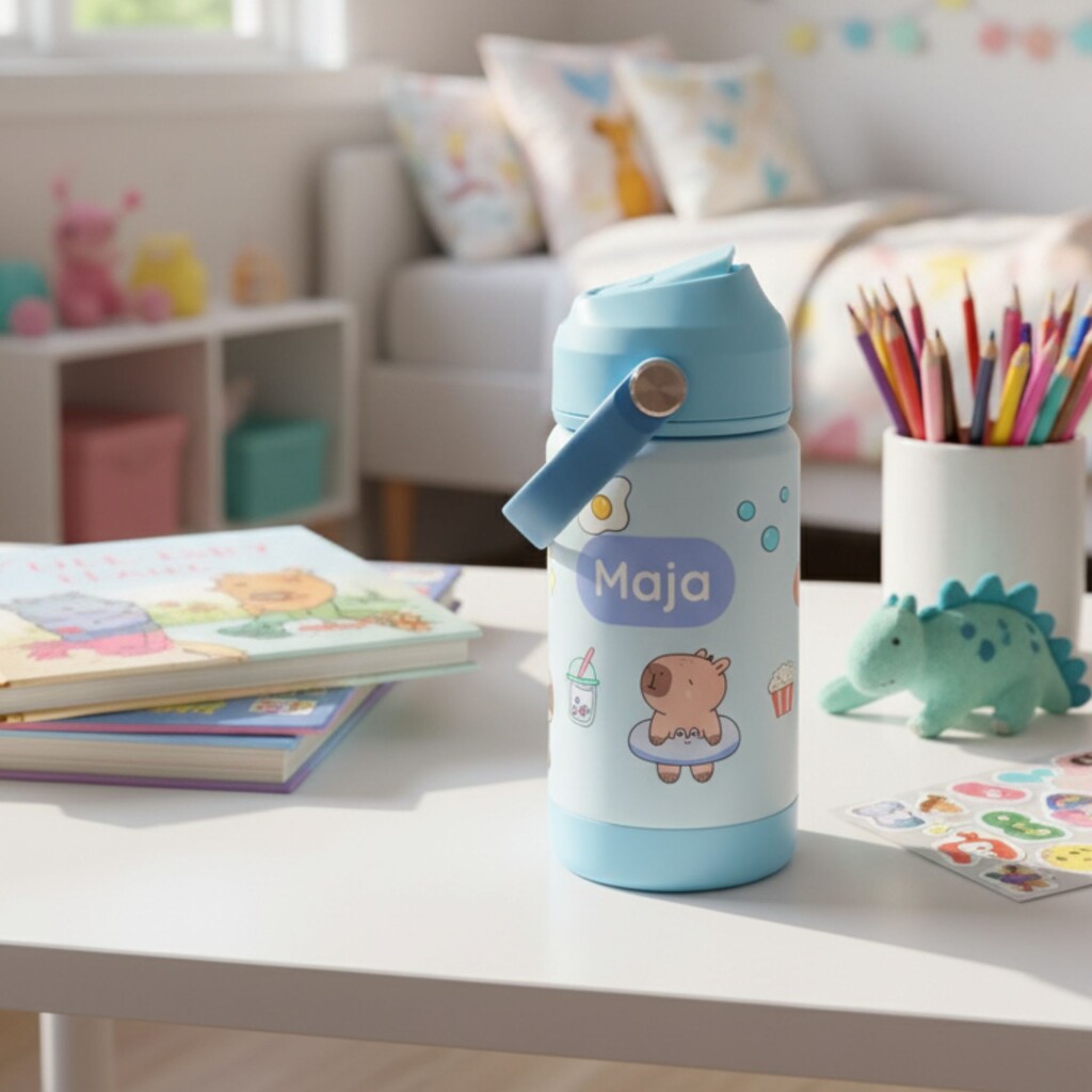 Personalised children's bottle with capybara design and the name maja on a desk