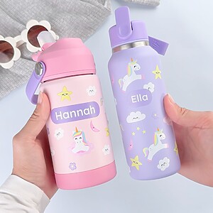 Personalised children's bottle and water bottle with unicorn design and the names Hannah and Ella