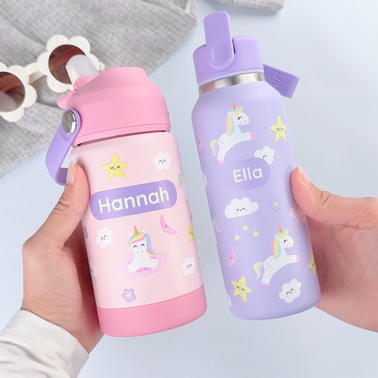 Personalised children's bottle and water bottle with unicorn design and the names Hannah and Ella