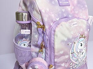 Backpack and a drinking bottle featuring personalised name labels