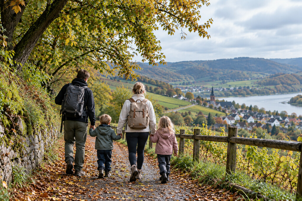 Family with two children walking along an autumn path overlooking a valley