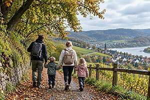 Family with two children walking along an autumn path overlooking a valley