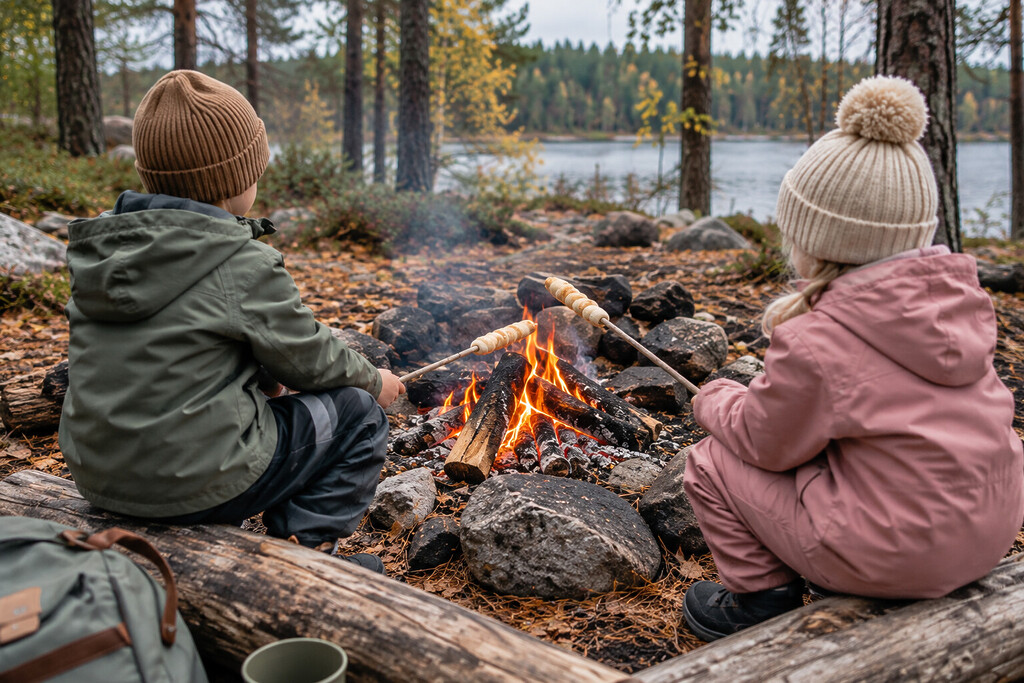 Autumn adventures with kids: easy and delicious food ideas 2 Two children roasting bread on sticks over a campfire by a lake experiencing autumn adventures