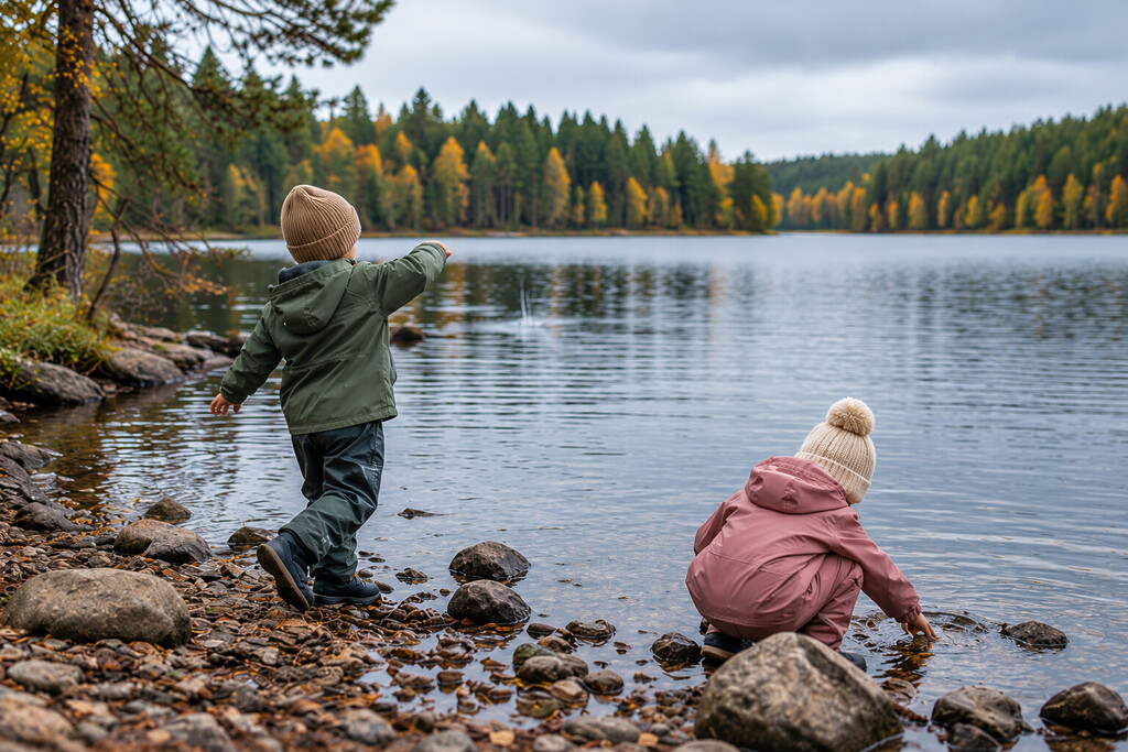 Autumn adventures with kids: easy and delicious food ideas 1 Two children playing by the shore of a lake surrounded by autumn forest