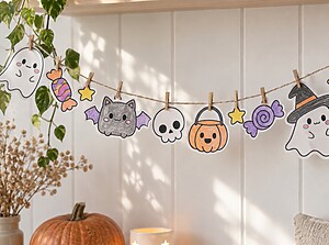 A finished paper Halloween garland with coloured-in ghosts, bats and sweets hanging on a string