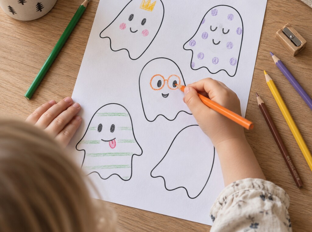 Halloween crafts for kids: free printable activity sheets 1 A child colouring in blank ghosts on a printable halloween activity sheet