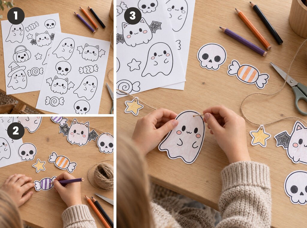 Halloween crafts for kids: free printable activity sheets 3 Three photos showing a child colouring in, cutting out and hanging paper ghosts, sweets and bats on a string to make a halloween garland