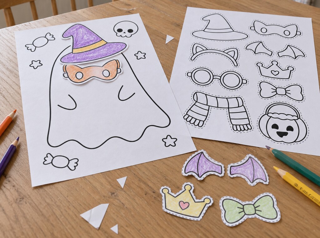 Halloween crafts for kids: free printable activity sheets 4 Two printable halloween activity sheets: one with a large blank ghost and one with hats and accessories to cut out and stick on to dress it up